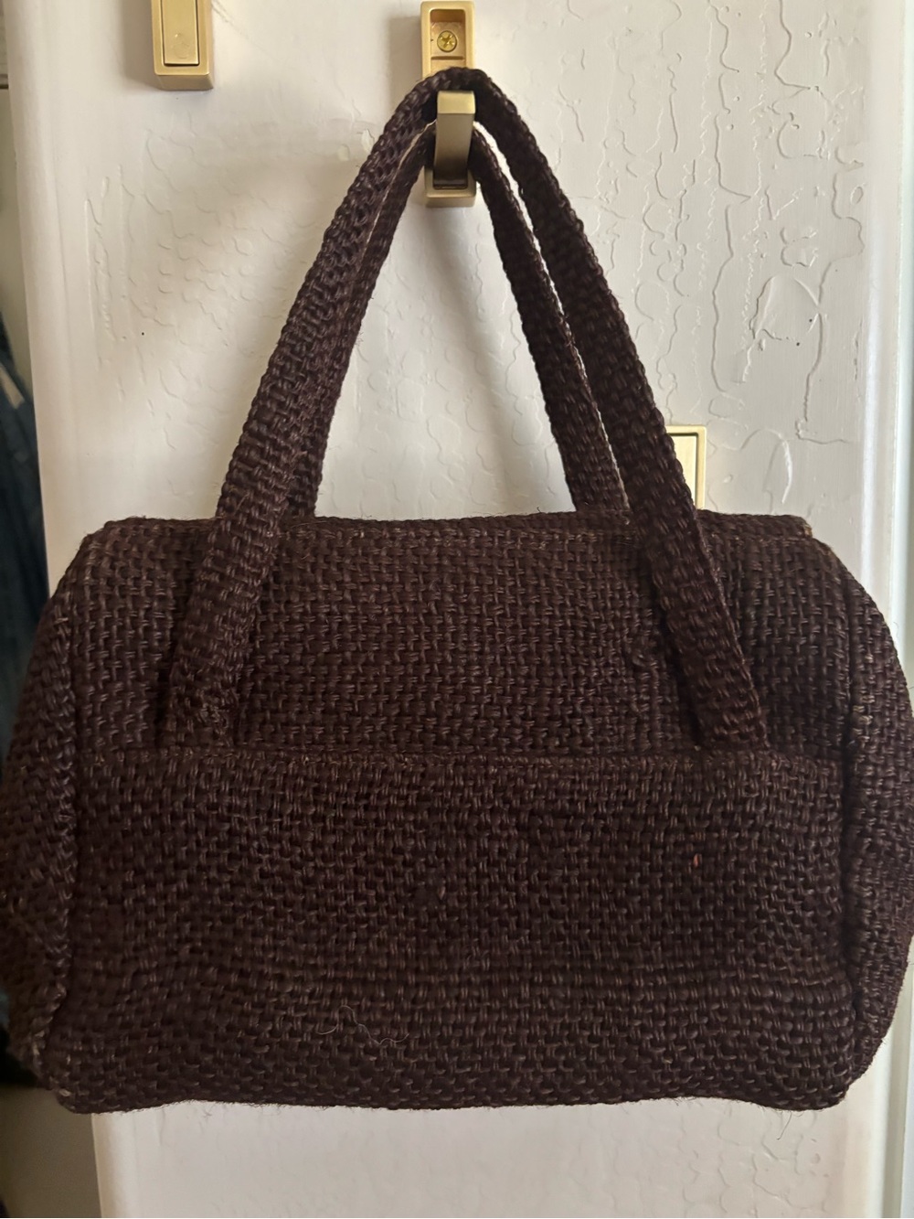 Dark Brown Woven Top-Handle Bag with Tricolor Accent snap gem - Picture 4 of 5